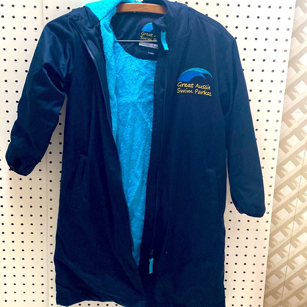Great Aussie Swim Parka. Kid sz 8. Navy Blue with turquoise terry cloth lining.